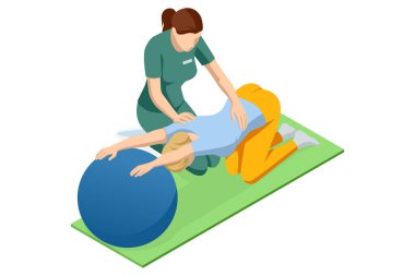Isome vektör illüstrasyonu, kadın hastaya sırt gerdirme egzersizlerini paspasın üzerinde bir fitness topuyla yapmasını ve omurilik rehabilitasyonuna odaklanmasını gösteriyor..