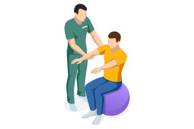 Fitness topuna oturmuş, üst vücut ve bir terapistin rehberliğindeki rehabilitasyon egzersizlerini yapan erkek hastanın iztrik vektör görüntüsü..