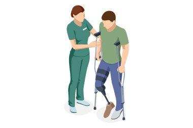 Protez bacaklı erkek hastaya destek veren terapistin taşınabilirlik rehabilitasyonundan geçişini gösteren Isome vektör görüntüsü..