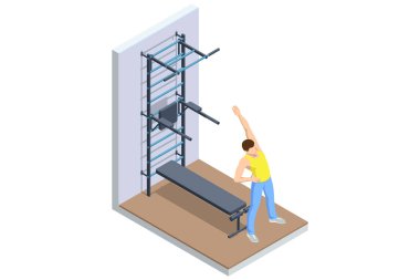 Esniyorum. Jimnastik salonu parmaklıklarının yanında yan esneme egzersizleri yapan bir adamın itici vektör çizimi. Isınma rutini, esneklik eğitimi, fitness egzersizi. Atletik yaşam tarzı, spor malzemeleri.