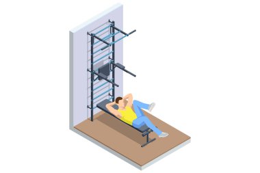 Çıtırtı. Duvar parmaklıklarının yanındaki egzersiz tezgahında bisiklet mekiği çeken bir adamın Isometric vektör çizimi. Karın kuvveti, çekirdek eğitimi, fitness egzersizi. Atletik yaşam tarzı, spor malzemeleri.