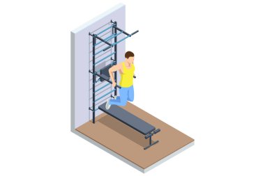 Paralel bar dipleri. Jimnastik salonu parmaklıklarının yanında paralel bar dalışı yapan bir adamın izole vektör çizimi. Kol egzersizi, göğüs egzersizi, fitness. Atletik yaşam tarzı, spor malzemeleri.