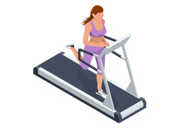 Koşu bandında koşan atletik bir kadının Isome vektör çizimi. Kardiyo çalışması, fitness egzersizi, aktif yaşam tarzı, beden eğitimi konsepti. Atletik yaşam tarzı, spor malzemeleri.