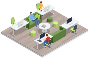 Renkli oturma yerleri, modern bar masaları ve insanların dizüstü bilgisayarlar ve telefonlar üzerinde çalıştığı rahat bölgeleri olan izometrik bir çalışma alanı. İş planlaması, çalışma stratejisi, çalışma alanı
