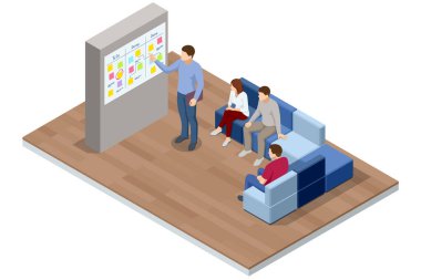Ortak çalışma alanında Kanban tahtası kullanarak görevleri tartışan bir takımın Isometric vektör çizimi. Proje izleme, çevik iş akışı, uzak takım, teknik başlangıç
