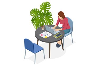 Kahve ve belgelerle dolu bir çalışma alanında dizüstü bilgisayarda çalışan bir kadının Isometric vektör çizimi.