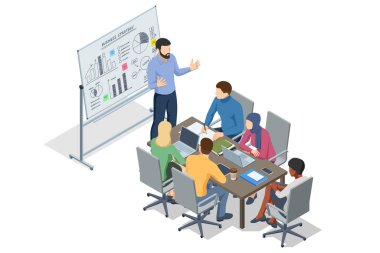 Strateji tartışması sırasında, insanların çizelge ve grafikleri analiz ettiği ilginç bir sahne. Business Profit Graphs and Analytics ile yazı tipi. Takım İş Stratejisi Tartışması