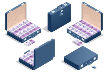 500 avroluk banknotlarla dolu mavi bir bavulun Isometric vektör çizimi. Vergi kaçırma, rüşvet ve sınır ötesi para transferlerinin sembolü..