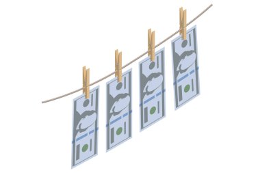 Para aklama kavramını sembolize ederek çamaşır ipiyle asılı duran dolarların Isome vektör çizimi. Yasadışı para metaforu mali suç ve aklama