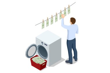 Para aklama ve finansal suç metaforunu temsil eden, onları yıkadıktan sonra bir çizgiye dolar asan bir adamın itici vektörü. Yasadışı para metaforu mali suç ve aklama