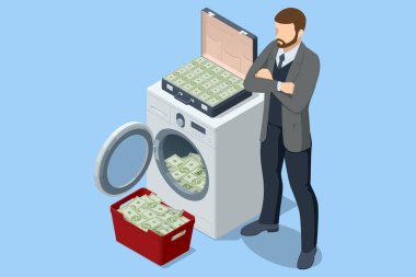 Kara para aklama ve finansal suç metaforunu temsil eden, onları yıkadıktan sonra bir hatta dolar asan Itrik bir adam. Kara para aklama karşıtı AML. Yasadışı para metaforu