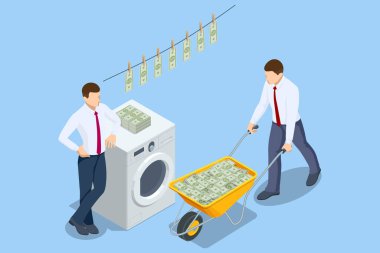 Kara para aklama ve finansal suç metaforunu temsil eden, onları yıkadıktan sonra bir hatta dolar asan Itrik bir adam. Kara para aklama karşıtı AML. Yasadışı para metaforu