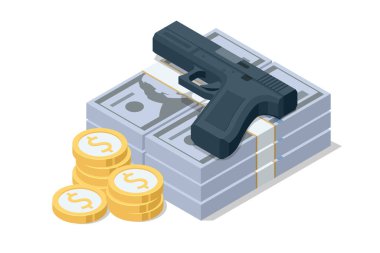 Yığınla para ve madeni paranın üzerindeki silah görüntüsü. Suç, soygun ve yasadışı finansmanı temsil ediyor. Kara para aklama karşıtı AML. Yasadışı para metaforu