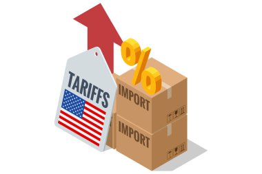 Nakliye konteynırları, para ve uluslararası ticaret vergilerinin mali etkisini temsil eden İthalat Gümrüğü etiketli bir pano gösteren Isometric vektörü. İthalat tarifeleri, ticaret savaşı ve ekonomik çatışma