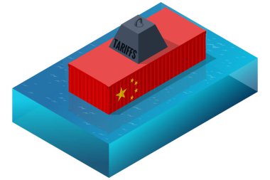 Küresel ticaret sularında ithalat vergilerinin ağır yükü altında batan bir Çin kargo konteynırının Isometric vektör çizimi. İthalat tarifeleri, ticaret savaşı ve ekonomik çatışma