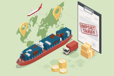 ABD 'nin artan ithalat vergilerini gösteren Isometric, ithalat vergilerini, ticaret savaşlarını ve ekonomik çatışmaları simgeleyen uçak, kargo gemisi, kamyon ve harita rotasıyla küresel lojistiği etkiliyor.