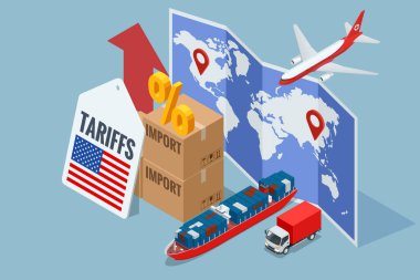 ABD 'nin artan ithalat vergilerini gösteren Isometric, ithalat vergilerini, ticaret savaşlarını ve ekonomik çatışmaları simgeleyen uçak, kargo gemisi, kamyon ve harita rotasıyla küresel lojistiği etkiliyor.