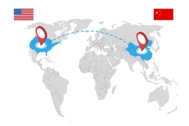 ABD 'nin artan ithalat vergilerini gösteren Isometric, ithalat vergilerini, ticaret savaşlarını ve ekonomik çatışmaları simgeleyen uçak, kargo gemisi, kamyon ve harita rotasıyla küresel lojistiği etkiliyor.