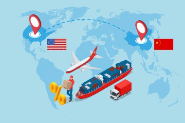 ABD 'nin artan ithalat vergilerini gösteren Isometric, ithalat vergilerini, ticaret savaşlarını ve ekonomik çatışmaları simgeleyen uçak, kargo gemisi, kamyon ve harita rotasıyla küresel lojistiği etkiliyor.