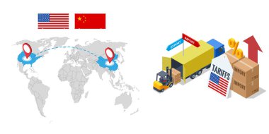 Ticari kısıtlamalar ve ekonomik engelleri temsil eden gümrük bariyerinde duran bir Çin kamyonunun Isometric vektörü. İthalat tarifeleri, ticaret savaşı ve ekonomik çatışma