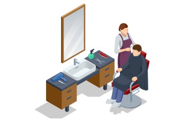 Bir berber, modern izometrik ayna istasyonunda bir müşterinin saçını makas, sprey ve lavaboyla keser. Berber dükkanında kuaförden saç tıraşı olan bir adam.