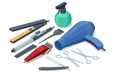 Makas, makas, saç kurutma makinesi, sprey şişesi ve profesyonel saç tasarımı için tarak içeren izometrik berber aletleri koleksiyonu..