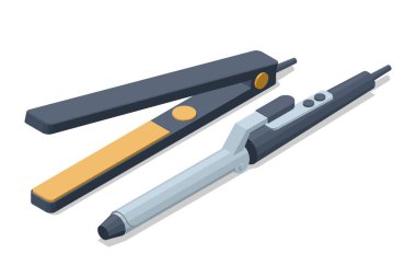 Profesyonel saç şekillendirme için düz demir ve saç maşası. Güzellik salonlarında ve kuaförlerde berberler ve stilistler tarafından kullanılan modern aletler..