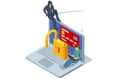 Kapüşonlu bir hacker tasviri bilgisayar ekranındaki bir panelde sersemlemiş, etrafı kalkan ve alarm simgeleriyle çevrili, sahte bir saldırıyı gösteriyor.