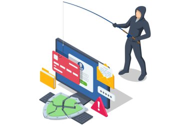 Kapüşonlu bir hacker tasviri bilgisayar ekranındaki bir panelde sersemlemiş, etrafı kalkan ve alarm simgeleriyle çevrili, sahte bir saldırıyı gösteriyor.