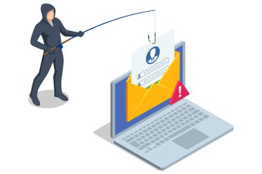 Açık sarı bir zarftan kopyalanmış bir giriş formunun Isometric vektörü. Hackerların kimlik hırsızlığını ve aldatıcı sahtekârlık e-postalarını sembolize ediyor. Phishing saldırısı