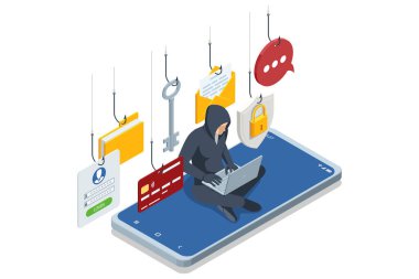 Akıllı telefon klavyesindeki Isome kapüşonlu hacker, kancalarla çevrili e-postalar, giriş formları, kredi kartları, asma kilit simgeleri, hepsi sahte bir saldırıyı gösteren kırmızı uyarı üçgenleriyle işaretlenmiş..