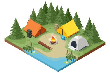 Çadırlı Isome turizmi. Yürüyüş turizmi. Yaz tatili ve çadır, yangın, turist, sırt çantası. Doğada huzurlu bir açık hava eğlencesi. Ormandaki kamp alanında. Yürüyüş turizmi. Yaz tatili.