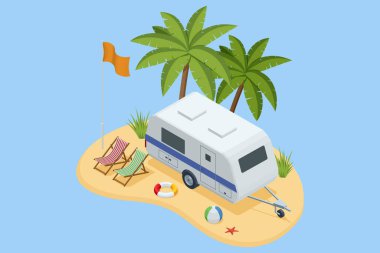 Kamp karavanı, palmiye ağaçları, şezlong, plaj topu, can simidi ve turuncu bayrağı olan tropik bir ada. Yaz tatili ve düz izometrik tarzda seyahat kavramı.