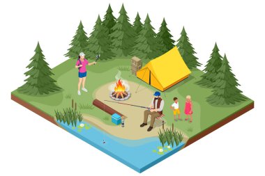 Isome ailesi yazın ormanın içinde çadırlı bir ateşin yanında dinleniyor. Doğada huzurlu bir açık hava eğlencesi. Ormandaki kamp alanında. Yürüyüş turizmi. Nehir kenarında balık tutan bir adam var..