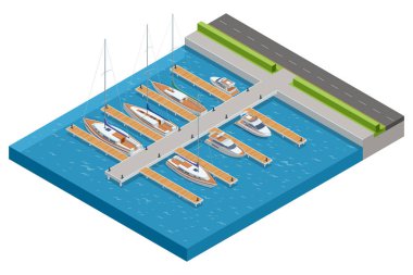 Ahşap rıhtımlara demirli çeşitli yatları ve yelkenlileri olan hareketli bir marinanın tepeden tırnağa görüntüsü, modern bir yola bağlı.