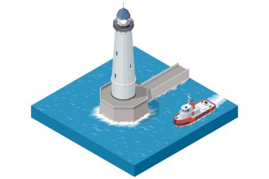 Deniz rehberliğini sembolize eden, etrafındaki mavi sularda yol alan bir pilot bota bağlı, uzun ve modern bir deniz fenerinin Isometric çizimi.