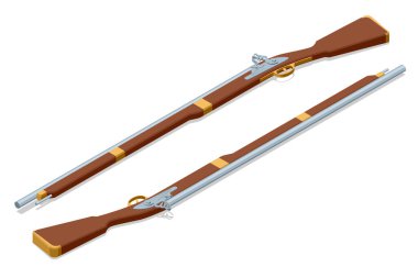 Tüfek. Tahta borular ve metal varillerle detaylandırılmış Isometric marka iki adet çakmaklı tüfek seti geçmişten kalma tarihi silahları temsil ediyor. Korsan, deniz soyguncusu, yağmacı, Desperado