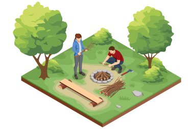 Kamp ateşini kibritle yakan, etrafı düzgünce düzenlenmiş yakacak odunlarla çevrili bir kişinin Isometric illüstrasyonu, açık havada gevşemenin başlangıcını vurguluyor..