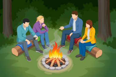 Kamp ateşi çevresindeki arkadaşlar. Ormandaki sıcak bir kamp ateşinin etrafında oturan dört arkadaşın Isometric illüstrasyonu, sohbetin ve barışçıl bir açık hava ortamının keyfini çıkarıyor.