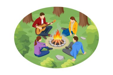 Kamp ateşinde müzik ve arkadaşlar. Bir grup arkadaşın kamp ateşinden zevk almasının Isometric bir örneği, biri gitar çalıyor, diğerleri rahatlıyor ve içiyor, dışarıda şenlikli bir ortam yaratıyor..