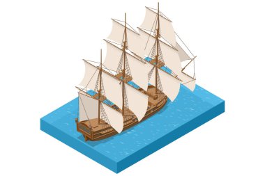 Büyük, görkemli ahşap bir yelkenlinin izometrik bir çizimi. Mavi sularda süzülen birden fazla beyaz yelkenli. Denizcilik macerasını ve tarihi yolculukları sembolize ediyor.