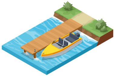 Mavi sudaki ahşap iskelede yeşil çimenli bir kıyıya yanaşmış sarı beyaz bir motorlu teknenin izometrik bir çizimi.