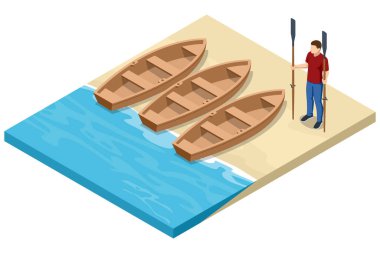 Mavi sularda kürek çeken klasik ahşap kayıklardan oluşan izometrik bir illüstrasyon, boş zamanlarında geleneksel su araçlarını tasvir ediyor.