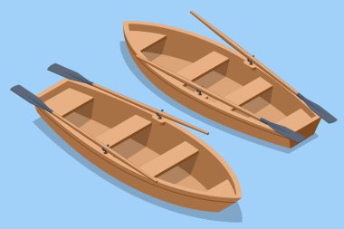 Mavi sularda kürek çeken iki klasik ahşap kayığın yer aldığı izometrik bir illüstrasyon, boş zamanlarında geleneksel su araçları tasvir ediliyor.