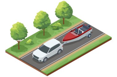 Beyaz bir arabanın yeşil ağaçlarla kaplı bir yol boyunca kırmızı ve beyaz bir tekneyi çekerken izometrik bir çizimi suya yolculuğu resmediyor..