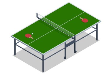 Bir masa tenisi oyununun izometrik çizimi, mavi bir masa, ağ, raketler ve bir top, kapalı bir spor ortamında oynayan insanları tasvir ediyor..