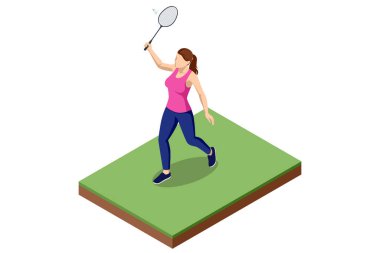 Bir badminton oyununda, elinde raket ve önünde ağla servis yapan bir kadının izometrik çizimi..