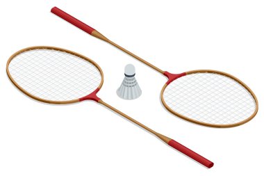 Mekik horozlu iki badminton raketinin izometrik çizimi, maç için hazır bir takım ekipman, spor ve eğlenceyi sembolize ediyor.