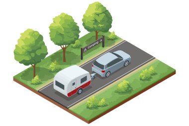 Kamp alanına doğru giden yolda kırmızı-beyaz bir seyahat karavanını çeken, yol kenarında ağaçlar ve bir kamp levhası olan bir arabanın Isometric çizimi. Yaz tatili ve seyahat konsepti