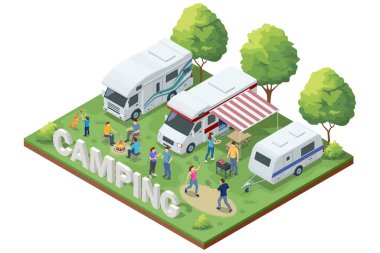 Karavanlar, karavanlar, açık hava aktivitelerinden ve kamp ateşinden hoşlanan insanlar. Yaz tatili ve seyahat konsepti